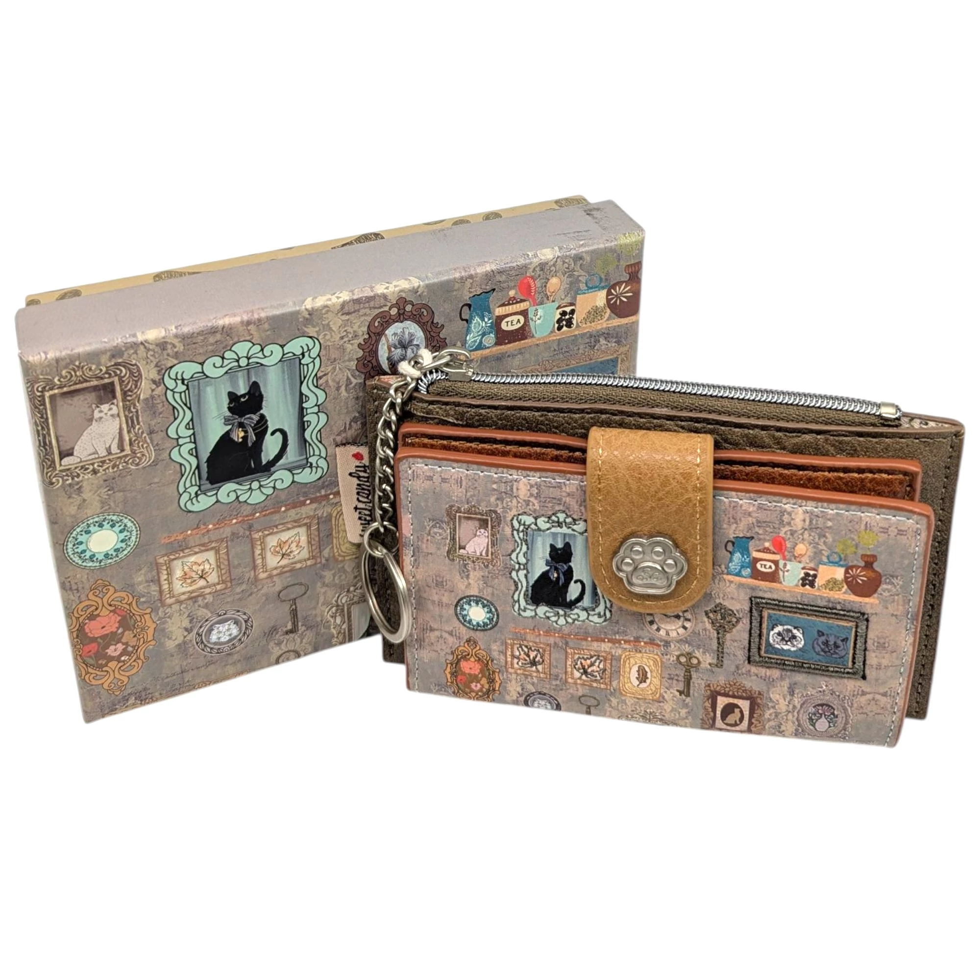 Sweet Candy Cat kártyatartós női pénztárca kutyás kulcstartóval – Zöld (13,5 cm)